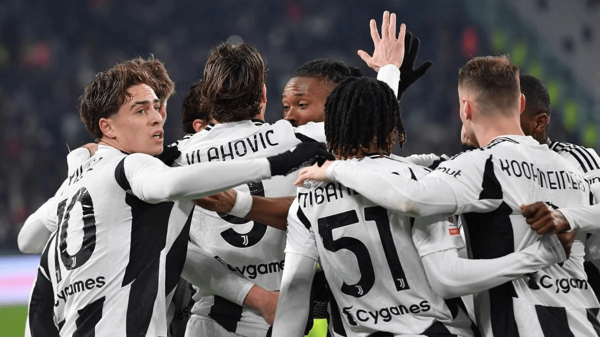 The players of Juventus celebrate a goal in Turin.