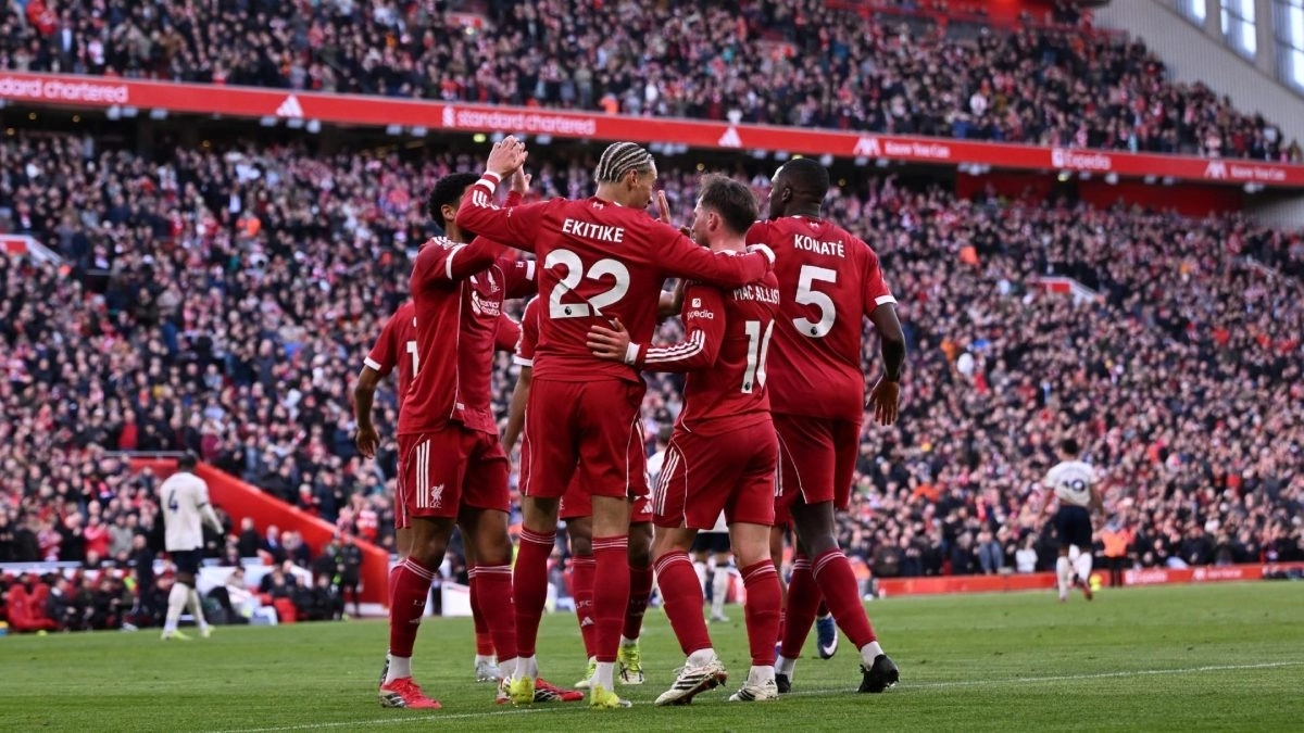 The Liverpool players celebrate a goal.