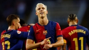 <p>Dani Olmo celebrates a goal with Barcelona</p>