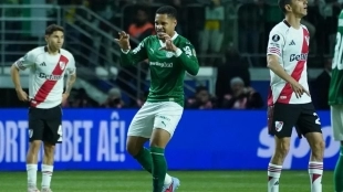 Vitor Roque celebrates a goal with Palmeiras