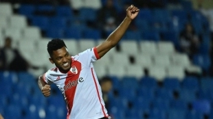Miguel Borja celebrates a goal scored with River Plate.