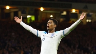 <p>Jude Bellingham celebrates a goal scored with the England national team</p>