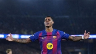 Marcus Rashford celebra un gol anotado con el FC Barcelona